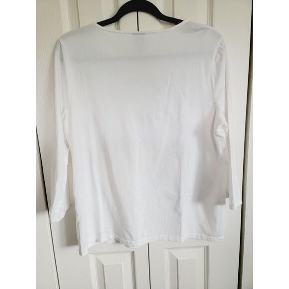 Chico's 2 White Blue Floral T-Shirt Beading Large 3/4 Slv V-Neck Stretch NEW - Picture 2 of 7